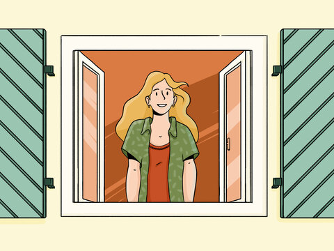 Young woman smiling opening window shutters in summer