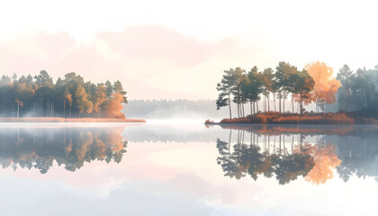Fototapeta premium Calm Morning Lake Reflection Painting, Hazy Lakeside Forest, Golden Autumn Foliage, Tranquil Water Landscape, Serene Nature Art