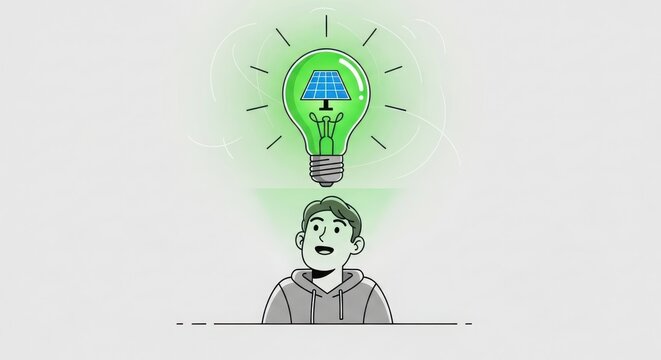 Illustration of a person with a solar panel light bulb above their head isolated on white background, representing a bright idea for renewable energy
