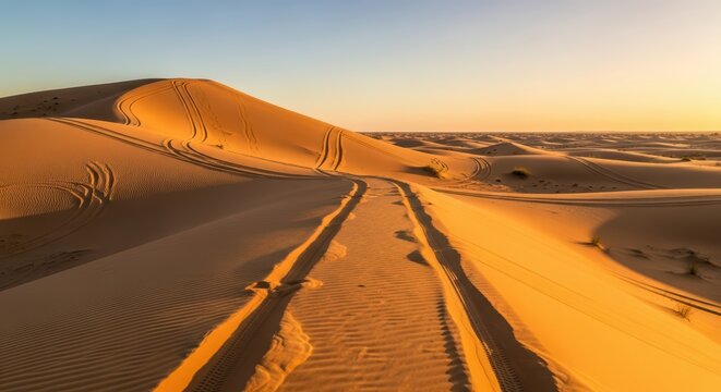 Golden desert dunes illuminated by warm sunset light with tire tracks