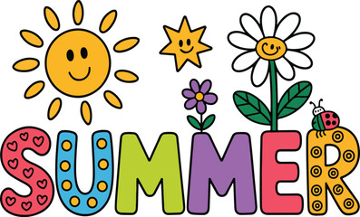 Summer themed cartoon with sun and flowers