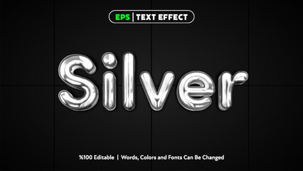 Silver metallic balloon text effect with shiny reflective surface and editable style for graphic design projects 