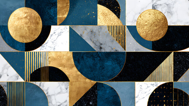 Abstract geometric composition with gold circles, blue rectangles, and marble texture, modern art, luxury design