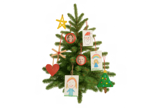 Christmas tree with handmade ornaments, children's drawings, and family portraits, creating festive memories, transparent background - Powered by Adobe