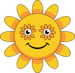 A cartoon sun with flower petal eyes sun, cartoon, flower, eyes, yellow, happy, drawing, bright, illustration, character, summer, sky, comic, funny, cute, nature, child, kids, cheerful, smiling, child
