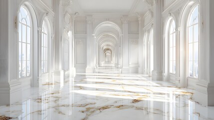 Obraz premium Brilliant natural sunlight illuminates a grand, ornate white corridor featuring vaulted ceilings and marble flooring.