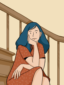 Woman with blue hair sitting on stairs thinking