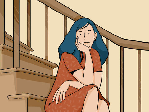 Woman sitting on stairs thinking feeling lonely