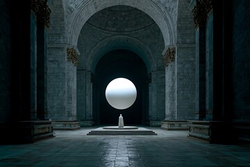 Mysterious cloaked figure stands before a glowing sphere in a grand, ancient hall, evoking awe and existential wonder.
