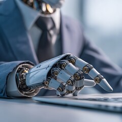 Sophisticated robotic hand in a business suit expertly typing on a sleek laptop, symbolizing future automation and efficiency