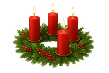 Advent wreath with four red candles burning, symbolizing christmas holiday tradition and hope on transparent background