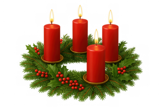 Advent wreath with four red candles burning, symbolizing christmas holiday tradition and hope on transparent background