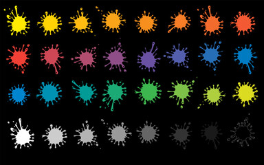 Rainbow splash background. Set of colored blots on the black background. 24 colors set. Rainbow colors. back to school. art and craft projects, scrapbooks Vector