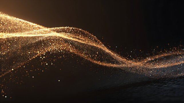 Illuminated golden particle wave flows dynamically across a dark background