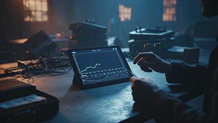 A hacker studies data on a tablet, interacting with graphs and numbers in a dimly lit abandoned warehouse at night. The atmosphere suggests a focus on analytics and stealth, as well as illegality. - Powered by Adobe