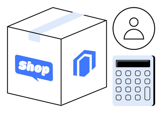 Box with shop label, user profile icon, and calculator highlight essentials of online retail, delivery, and inventory. Ideal for e-commerce, business planning, logistics and retail. Simple flat