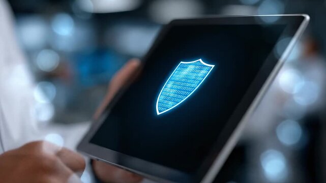In a high-tech lab setting, a professional demonstrates interactive features on a tablet. This involves tapping a glowing shield icon, highlighting key aspects of digital security.