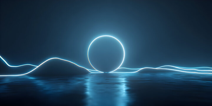 A glowing neon blue circle hovers over a reflective, dark surface with undulating, illuminated lines, creating a minimalist and futuristic abstract landscape