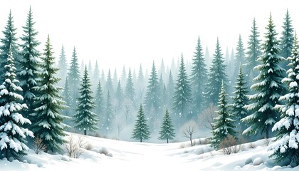 Watercolor fir trees dusted with snow create a seamless border, complemented by Christmas green spruces, great for winter holiday banners and landscape designs against a white backdrop.
