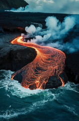Close-up of lava flowing from a rock column and pours into a volcanic landscape.