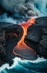 Close-up of lava flowing from a rock column and pours into a volcanic landscape.