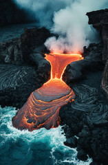 Close-up of lava flowing from a rock column and pours into a volcanic landscape.