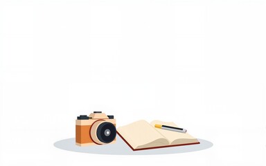 Camera and travel journal, white background, flat design illustration, No logo, No Trademark, No text, minimal concept with copy space for stock photo. High quality