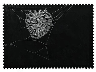 Spider web isolated on black postage stamp. Cobweb frame. Halloween party. Texture of spider web. Halloween decoration. Gothic style Copy space