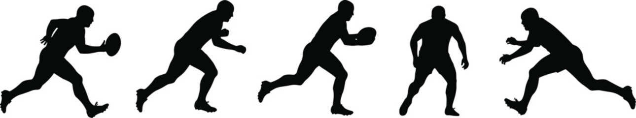 American football player silhouettes, running, tackling, throwing, defensive stance, dynamic sports action poses, athletic movement, competitive game, fitness training, teamwork