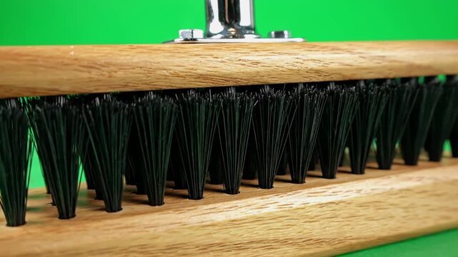 Close-up of a wooden shoe brush with black bristles against a vibrant green background