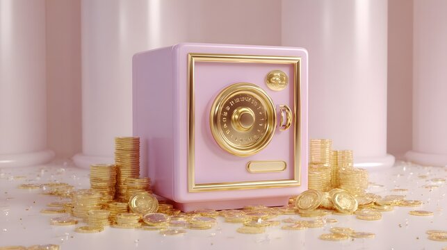 Stylized pink and gold secure container surrounded by scattered metallic currency