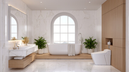 Luxury bathroom with a large arched window, freestanding bathtub, and white marble walls.3drender