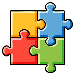 Colorful four piece jigsaw puzzle illustration symbolizing teamwork, connection, and solutions