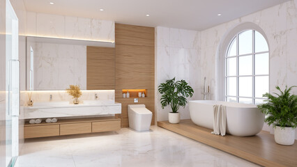 Spacious modern bathroom with a large double vanity, Modern bath tub, and elegant arched window and wood tile. 3d render