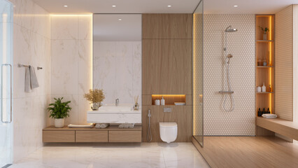 Modern bathroom with a spacious walk-in shower, honeycomb mosaic tiles, and a floating wooden vanity.with wood and marble floor combination .3d render