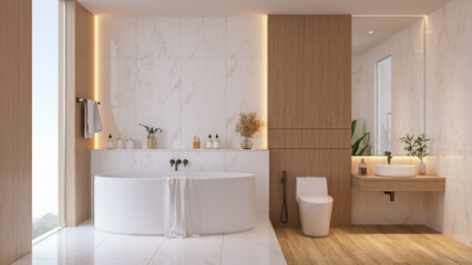 Modern minimal bathroom featuring a freestanding tub against a marble tile accent wall with wood and marble floor combination .3d render