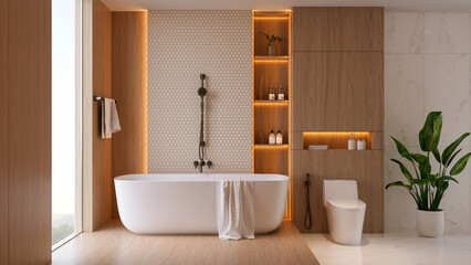 Modern bathroom featuring a freestanding tub against a honeycomb tile accent wall and backlit shelves.with wood and marble floor combination .3d render