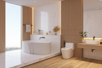 Modern minimal bathroom featuring a freestanding tub against a marble tile accent wall with wood and marble floor combination .3d render