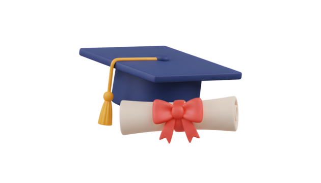 3D illustration of a graduation cap and diploma scroll tied with a red ribbon icon. school, university, or college