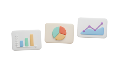 Business Analytics 3D Icons, Data Chart, Pie Graph, and Growth Visualization, Modern colorful design representing data analysis, statistics, business growth, and financial performance.