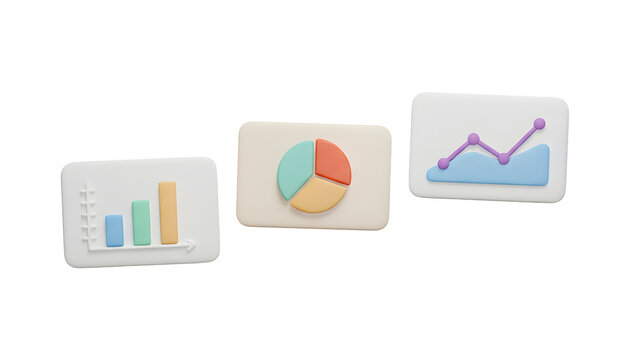 Business Analytics 3D Icons, Data Chart, Pie Graph, and Growth Visualization, Modern colorful design representing data analysis, statistics, business growth, and financial performance.