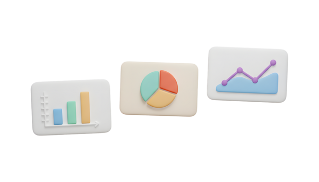 Business Analytics 3D Icons, Data Chart, Pie Graph, and Growth Visualization, Modern colorful design representing data analysis, statistics, business growth, and financial performance.