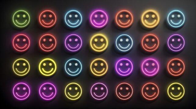 Multiple rows of brightly colored smiley face icons illuminated with neon light against a dark background