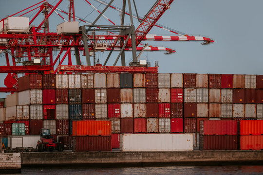 Cargo containers at Lisbon harbor in the late afternoon