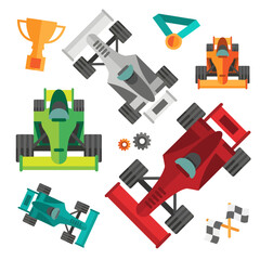 Naklejka premium Colorful flat lay of racing cars and trophies on a white background