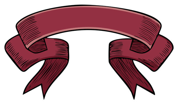 Vintage dark red curved ribbon banner illustration with engraved lines, blank space for custom text