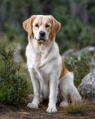 Golden Retriever Portrait A majestic golden retriever, embodying loyalty and charm, sits gracefully, its intelligent eyes and rich fur capturing the essence of the beloved breed.