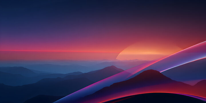 Dramatic sunset over a mountain range, with glowing neon light trails accentuating the peaks and a soft, ethereal glow on the horizon, creating a sense of depth and wonder