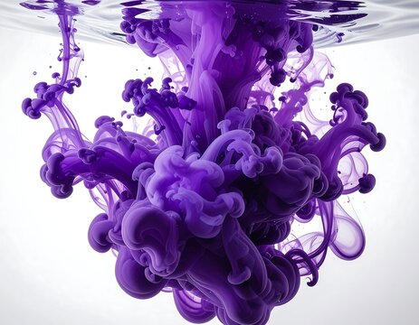 Purple ink plume swirls in water against a clean white background