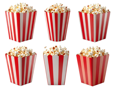 Collection of Classic Popcorn Boxes in Red and White Stripes, 3D Render, Transparent Background PNG